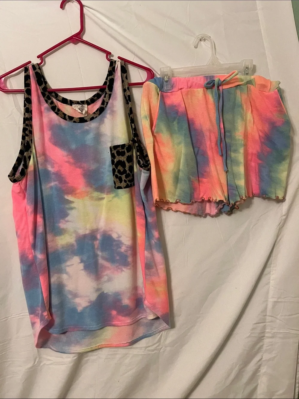 BiBi Pastel Rainbow Tie-Dye Muscle Tank & Shorts Set with Leopard Trim